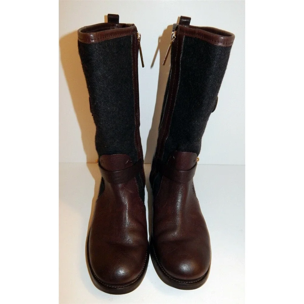 Tory Burch‎ Leona Black Flannel Brown Leather Zip Boots 7M